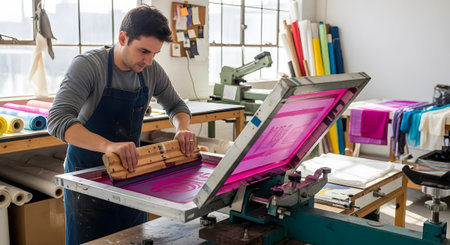 A man in an apron applies pink ink with a squeegee to a screen printing frame in a well-lit...
