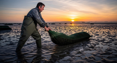 Green showing man pulling a green mesh bag filled with oysters across a muddy tidal flat at...