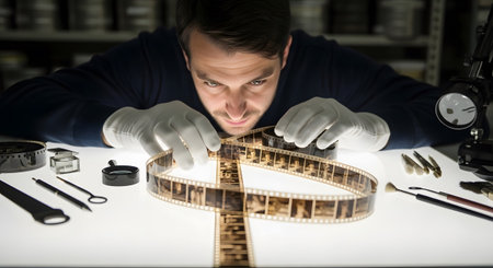 A man with white gloves carefully examines a vintage strip under an illuminated surface in an...