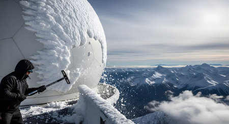 A person in a hooded jacket scrapes snow from a large white dome structure with a snowy mountain...