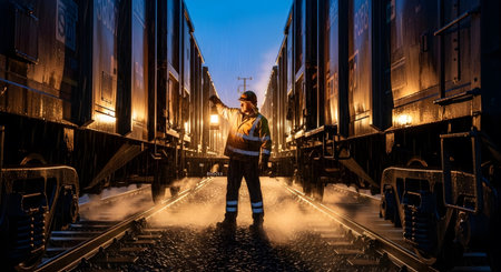 A worker in a reflective vest holds a lantern between dark train cars on wet tracks during a...