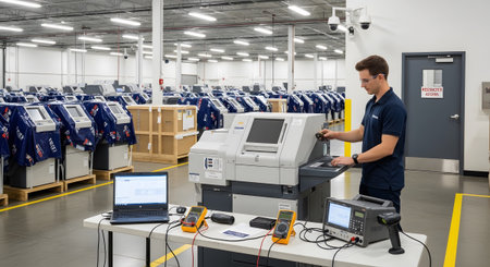 showing man testing electronic equipment in a warehouse with rows of voting machines.