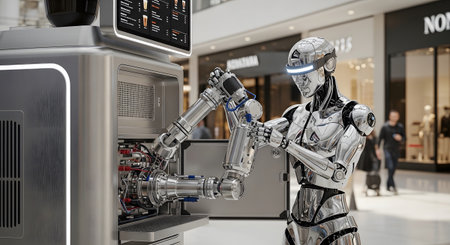 A chrome humanoid robot with glowing eyes meticulously assembles a complex coffee machine inside...