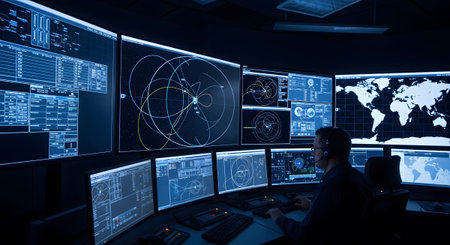 (543) showing man wearing headset in a dark control room surrounded by multiple glowing computer...の写真素材