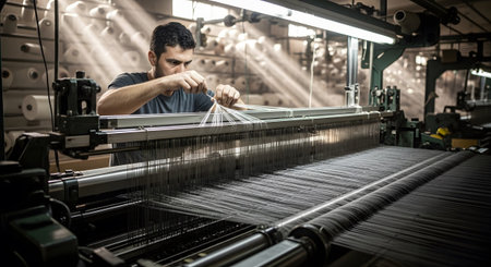 A man works at a large industrial loom, with many threads and spools visible in the background.