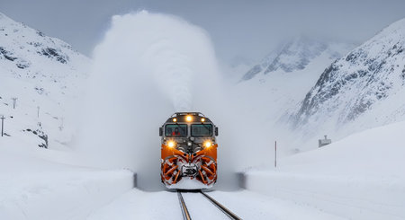Vehicle showing orange and black snowplow train clears a snowy mountain pass with powerful spray...