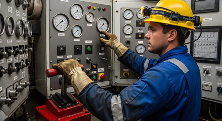 Gauges showing man in yellow hard hat and blue uniform operating complex industrial control...