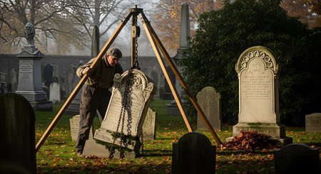 A man operates a wooden tripod hoist to lift a tilted gravestone amidst other monuments in a...