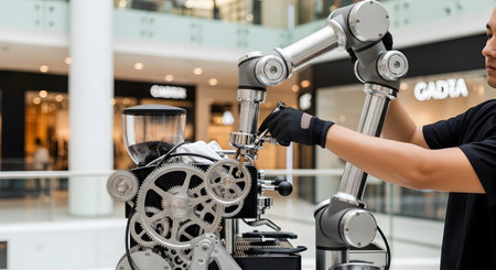 Robotic showing robotic arm and barista preparing coffee machine with gears and coffee beans....
