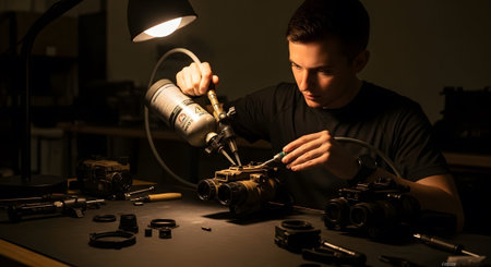 A man intently works on assembling night vision goggles with tools and components on a workbench.