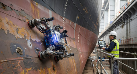 A robotic inspection device attached to a large, rusty ship hull in a dry dock setting....