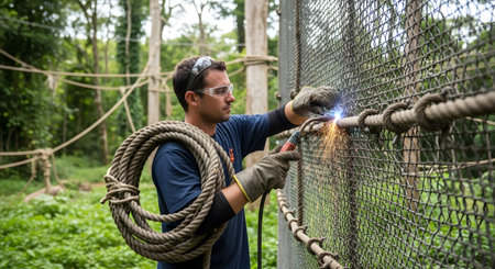 Green showing man welding fence wire with sparks flying in a lush green outdoor environment...