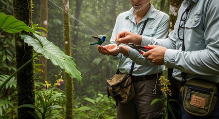 Two individuals in light blue shirts and khaki pants examine a small hummingbird held in a net...