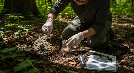 showing researcher examining a large cluster of insect larvae in a forest soil sample....