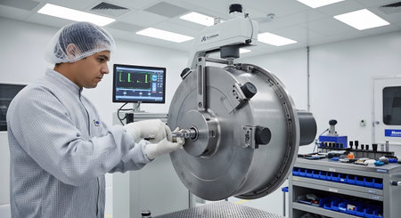 Attire showing technician in cleanroom attire working on a large metallic device with monitor...