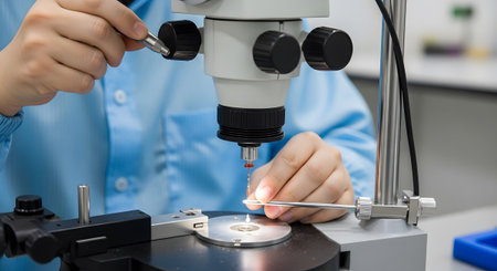 Tiny showing precise microscopic examination of tiny components by skilled hands in a laboratory...