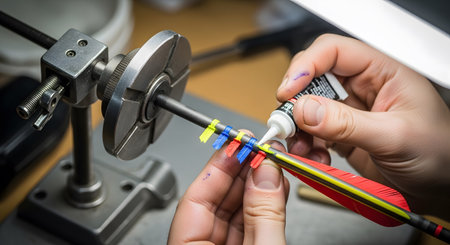 With showing applying adhesive to an archery arrow with red and yellow fletching using a jig....
