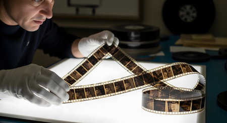 Light showing archivist wearing white gloves examines vintage strips under a light table.