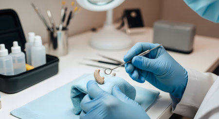 Hands in blue gloves meticulously adjust a small beige hearing aid with fine metal tools on a...