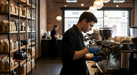 showing barista preparing coffee drink at espresso machine in cafe. resolution