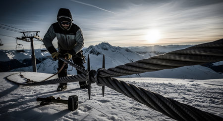 A worker connects a thick steel cable on a snowy mountain peak, with a ski lift visible against...
