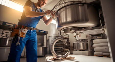 With showing baker adjusting industrial mixer with tools in a bakery. resolution