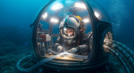 Helmet showing astronaut in a deep-sea submersible helmet works on intricate wiring and cables...