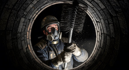 A chimney sweep in a mask and gloves uses a large brush to clean a dark, circular brick flue.
