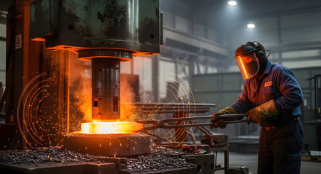Glowing showing blacksmith working with glowing hot metal on industrial forging press