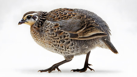 A bobwhite quail bird stands on a white surface, showcasing its intricate brown and gray...