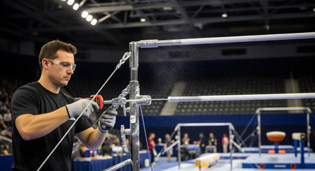 A man in safety glasses and gloves uses a power drill to adjust metal bars of gymnastics...