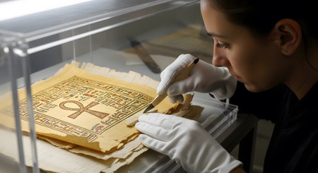 Egyptian showing archivist carefully examining ancient egyptian papyrus with hieroglyphs.