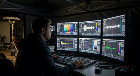 showing man in dark room monitors multiple computer screens displaying graphs and data...