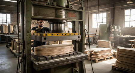 Operating showing man operating a large industrial press machine on stacks of wooden skateboard...