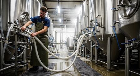 showing brewery worker connecting hoses to large stainless steel fermentation tanks in a...