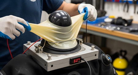 Hands in blue gloves stretch a yellow latex over a black sphere on a testing device.......