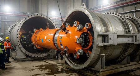 Stock showing large orange industrial machine being lowered into a massive metal pipe section by...