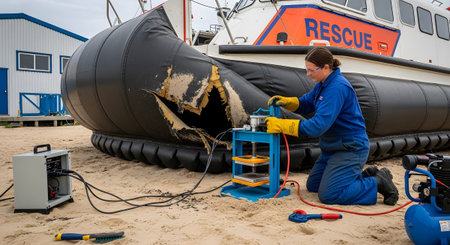 Beach showing hovercraft repair technician in yellow gloves using a press on damaged inflatable...