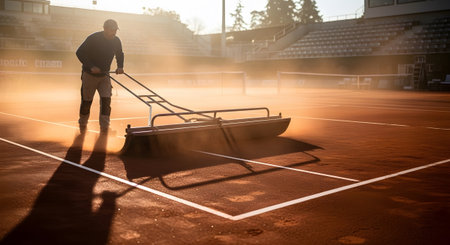 showing groundskeeper raking clay tennis court at sunrise with hazy golden light.