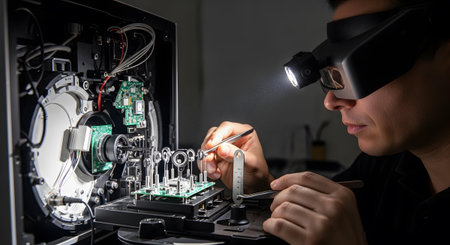 A man wearing magnifying goggles and a headlamp meticulously works on a complex electronic...