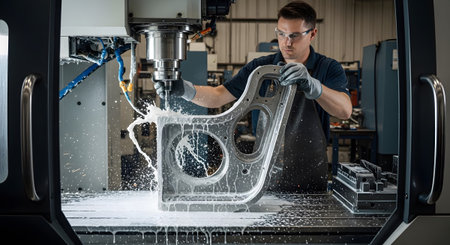 Stock showing machinist operating a cnc milling machine to shape a complex metal component with...
