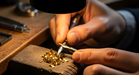 showing jeweler engraving metal with magnifying lamp and metal shavings. resolution...