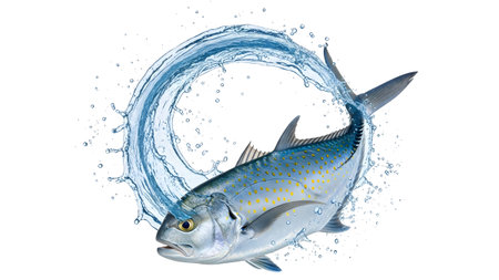 Splash showing silver and blue fish swimming through a water splash circle. resolution...