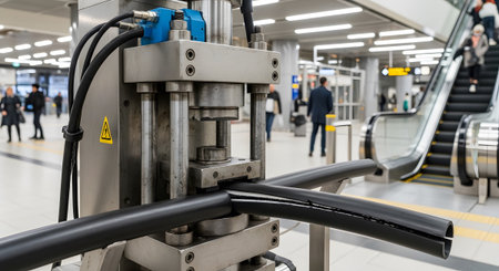 A large industrial machine with metal components and black cables processes thick black pipes in...
