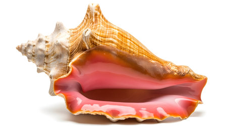A large conch shell with a vibrant pink interior and textured orange and white exterior sits...