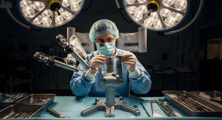 Under showing a surgeon in scrubs and a mask meticulously works with robotic surgical...