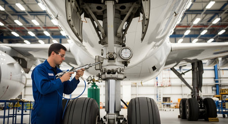 Airplane showing aircraft mechanic working on airplane landing gear in a hangar. resolution...