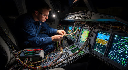 Stock showing aircraft technician working on complex wiring and avionics in cockpit.