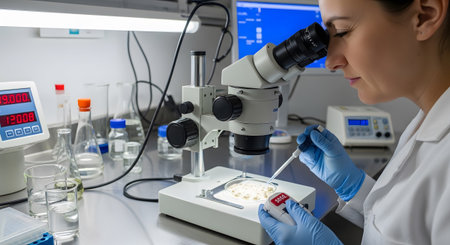 Microscope showing a female scientist wearing blue gloves and a white lab coat examines a petri...