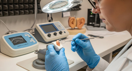 showing audiologist carefully examining a hearing aid with a tool in a laboratory setting....